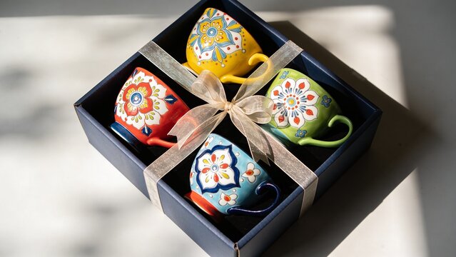 Colorful ceramic tea cups arranged inside elegant gift box featuring intricate floral folk patterns vivid red yellow green blue tones delicate ribbon wrapping thoughtful present concept festive celebr