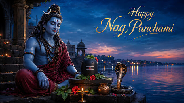 Lord mahadev sitting peacefully by a serene river at sunset near a black shiv lingam and a holy snake for nag panchami