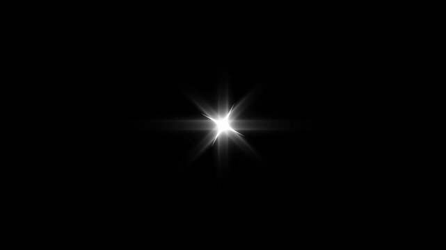 Pulsing 8-point white starburst flare animation in 4k with sharp optical light beams, rhythmic scaling flash and clean glint effect for video overlay design assets