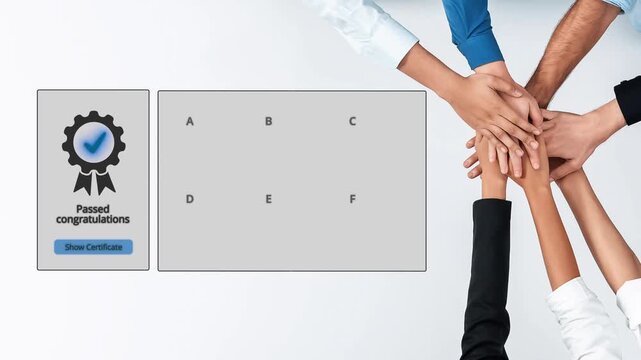 A dynamic image showcasing hands of diverse individuals united in celebration of achievement, featuring a certificate and checkboxes for completed tasks, symbolizing success and teamwork. Raster