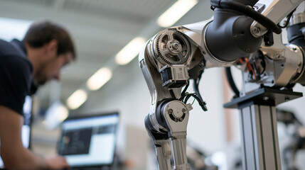 Fototapeta premium Wide poster-style stock photo of the knee joint actuator of a lower-limb exoskeleton frame mounted on a display stand, precision gears and a small motor housing visible at the join