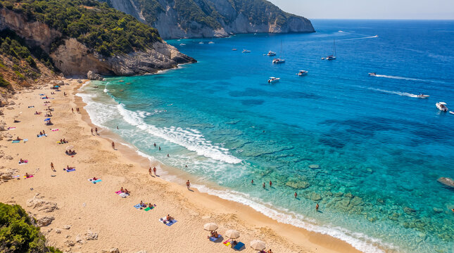 Vista a&eacute;rea de una playa mediterr&aacute;nea en verano con agua turquesa, arena dorada, ba&ntilde;istas y sombrillas, concepto de vacaciones, turismo y para&iacute;so costero.