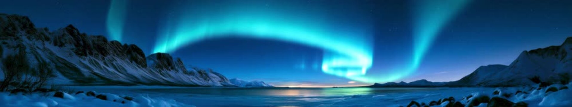 Northern Lights Above Snowy Mountains and Icy Coast in a Panoramic Seamless Loop Animation