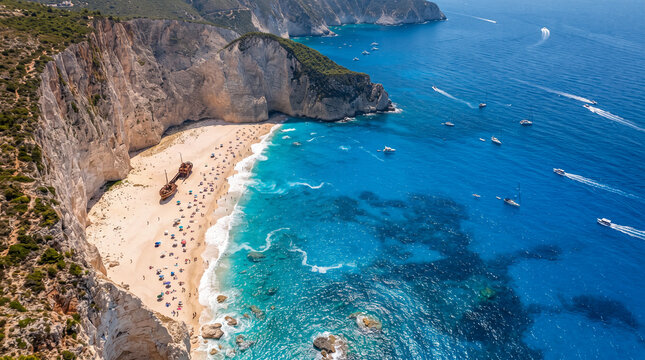 Vista a&eacute;rea de una playa mediterr&aacute;nea en verano con agua turquesa, arena dorada, ba&ntilde;istas y sombrillas, concepto de vacaciones, turismo y para&iacute;so costero.