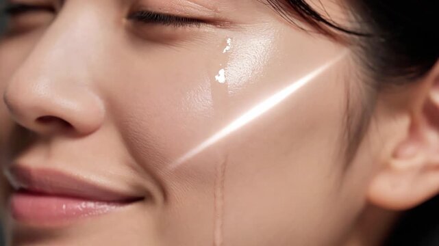 Extreme close-up of young woman applying transparent skincare serum on cheek skin beauty face cosmetics drop