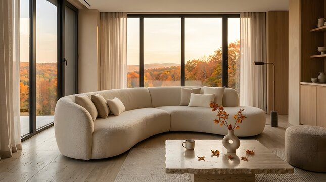 Sophisticated curved sofa in modern living room with autumn landscape view.