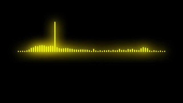 Dynamic spectrum visual display audio level dynamic radio dynamic sound waves amplitude level graph dynamic frequency waveform voice songs microphone tech disco yellow color. black screen 4k loop