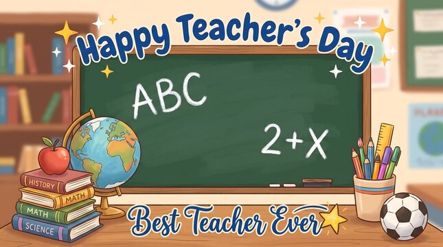 Happy Teacher's Day greeting card, classroom background with chalkboard and school supplies, Best Teacher Ever appreciation banner