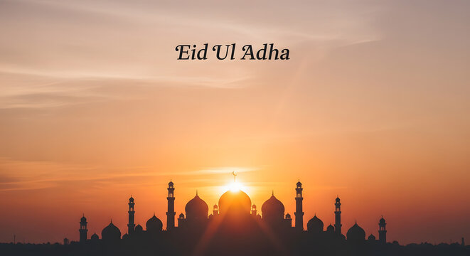 Eid Ul Adha greeting with mosque silhouette against a vibrant sunset background