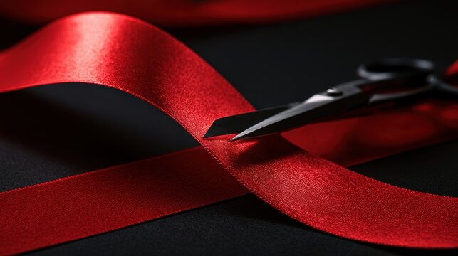Elegant grand opening moment: scissors slicing bright red ribbon under studio lighting