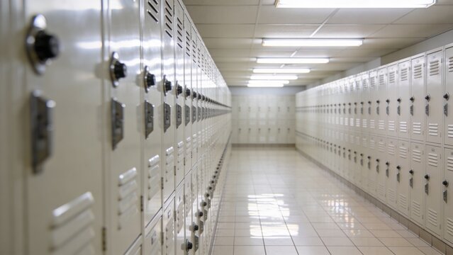 Bright school locker hallway lined with rows of clean metal storage lockers featuring vents combination locks handles tiled floor fluorescent lighting institutional interior educational facility organ