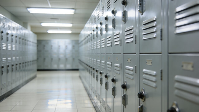 Bright school locker hallway lined with rows of clean metal storage lockers featuring vents combination locks handles tiled floor fluorescent lighting institutional interior educational facility organ
