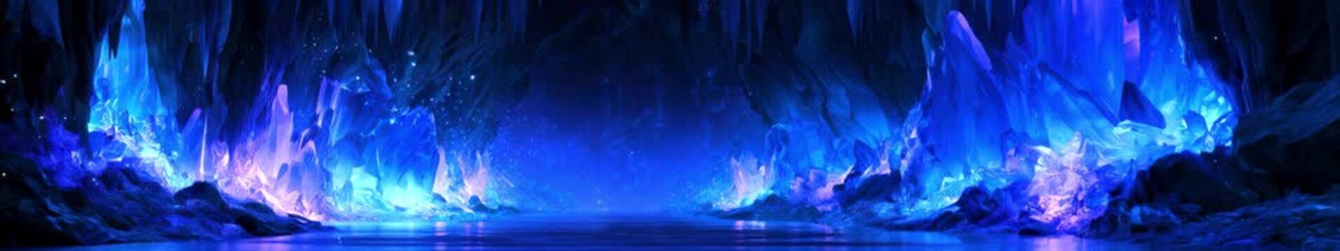 Glowing Crystal Cave with Luminous Blue Formations and Reflective Water in a Widescreen Seamless Loop Animation