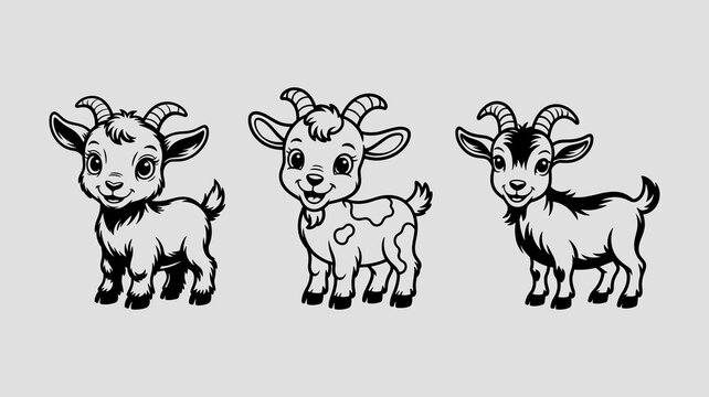 Three cute baby goat characters in black and white line style, one plain, one spotted, and one with a dark head, on a light background