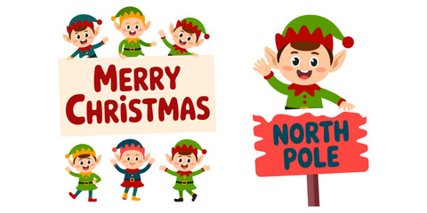 Fototapeta premium Cute Christmas cartoon little elf characters collection set holding a Merry Christmas sign board and a North Pole banner.