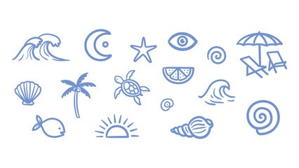 Fototapeta premium Set of hand-drawn summer and beach in periwinkle blue, featuring sea creatures, tropical plants, and vacation symbols on a transparent background