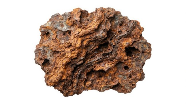 Closeup of a heavily rusted piece of iron metal isolated on white background