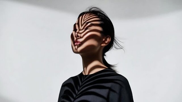 Young asian woman with leaf shadow on face standing against white background portrait beauty light summer sunlight