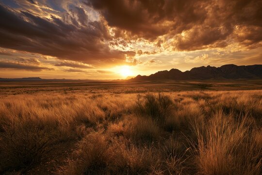 Wide panorama of grass fields and arid plains beneath a fiery Texas sunset sky