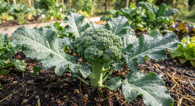 Fresh broccoli with water drops growing on garden bed