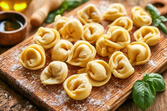 Freshly made uncooked cheese tortellini on a rustic wooden board, dusted with flour, ready for cooking