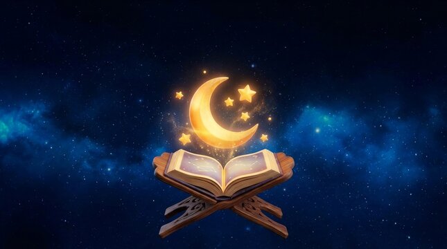 Illuminated quran on stand with glowing crescent moon