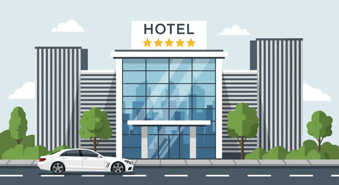 A modern, fivestar hotel building with a white sedan parked in front on a city street, flanked by tall buildings and green trees under a cloudy sky