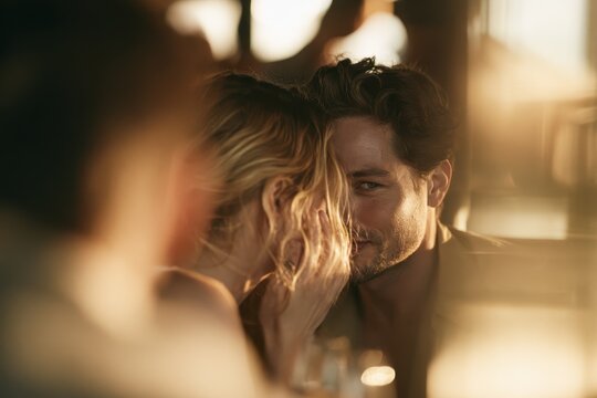 Soft-lit scene: a woman leaning in to whisper to a man, tender connection