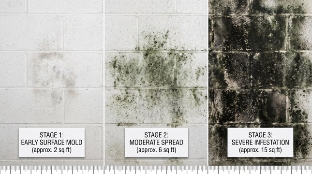 Basement wall showing three stages of mold severity from minor to severe