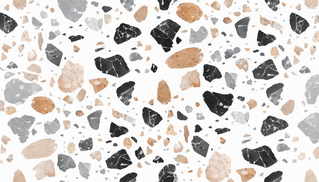 Modern terrazzo pattern with scattered stone chips in black grey and beige.