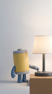 Cute 3D battery character turning off a table lamp