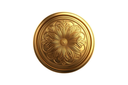 Round golden floral rosette medallion isolated on transparent background