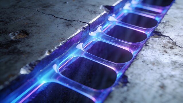 Abstract closeup showing translucent blue purple resin flowing through cracked concrete surface forming glowing geometric channels vivid liquid material fills deep rectangular openings creating striki