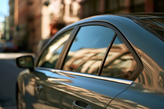 Urban curbside parking, rear windshield with decal layout on glass during summer daylight