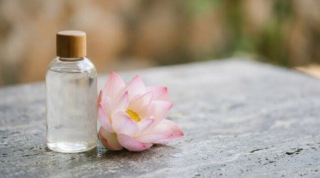 Glass bottle of essential oil with a pink lotus flower on a stone surface. Spa therapy and natural skincare product. Relaxation and wellness concept for beauty treatment.