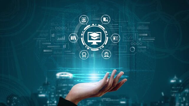 Futuristic Hand Offering Digital Communication Concept with Icons Representing Technology and E-Learning in a Modern City Background. Entropy.