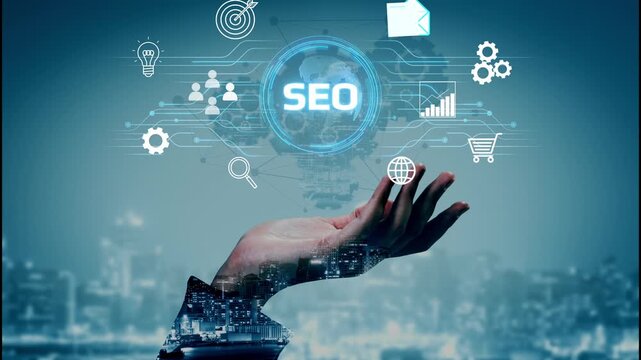 Hand Holding SEO Icons and Symbols Representing Digital Marketing and Online Visibility with Background Cityscape and Technology Elements. Entropy.