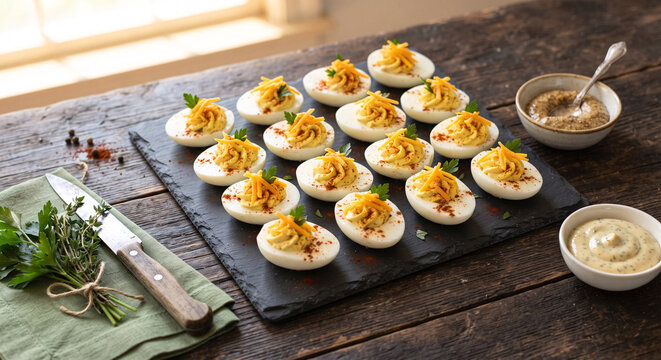 Gourmet deviled eggs sprinkled with paprika and grated cheese on a black slate platter