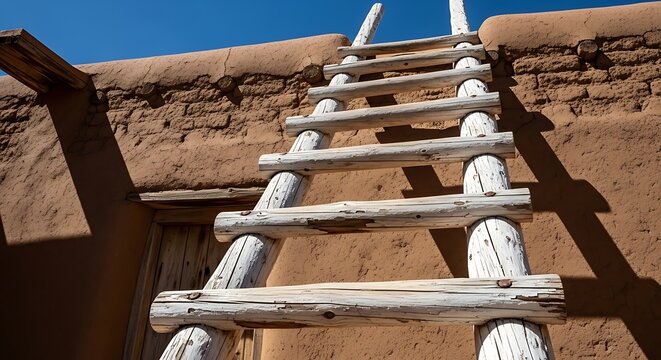 Rustic Wooden Ladder Against Adobe Wall