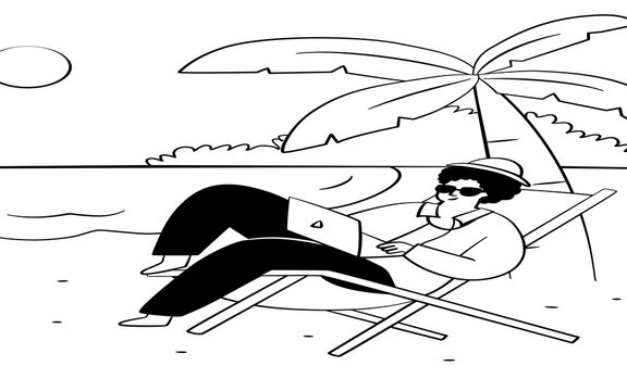 Remote worker working on laptop on beach lounge chair, digital nomad concept illustration