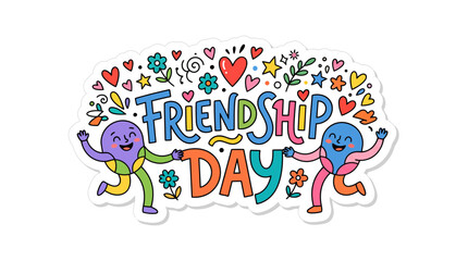 Naklejka premium Friendship day vector illustration featuring joyful cartoon characters dancing together with vibrant colorful flowers and decorative hearts set against a clean white background to celebrate meaningful