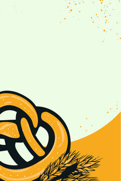 Pretzel Bakery Background with Wheat and Copy Space, Orange Food Vector Template for Oktoberfest Menu, Bakery Poster and German Cuisine Design