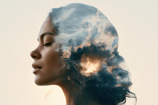 Mental Resilience Concept: serene profile portrait with sky elements filling the head outline