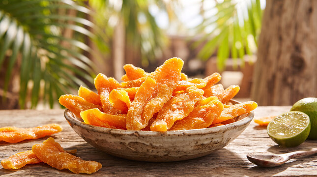 Sweet dried mango slices in a ceramic bowl on a rustic wooden table in a tropical garden