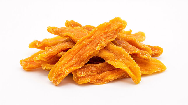 Pile of sweet dried mango slices isolated on white background
