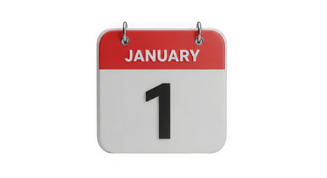 New Year's Day calendar page with January 1st date. Isolated month marker for fresh start and annual planning.