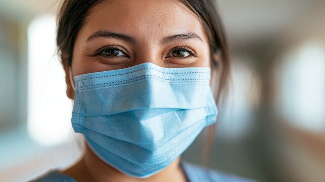 Warm headshot of a Hispanic woman with a protective mask in a modern hospital scene
