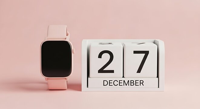 Modern pink smartwatch next to a white block calendar showing December 27th, suggesting planning for holidays or end-of-year events