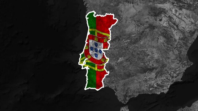 Portugal map shape animation featuring textured flag video footage overlay effects