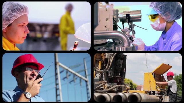 Diverse Industrial Workers and Engineers Multi Screen Animated Video of Various Professionals in Protective Gear. Global workforce montage showcases multiethnic manufacturing, building and tech teams.